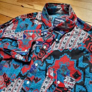 Vtg Wrangler Brushpopper Shirt Mens 16.5/34 Long Tails Cowboy Aztec Western 90s